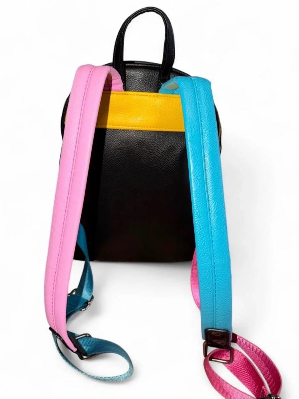 Disney Mini Backpack with Black, Pink, Yellow, Teal Patchwork Design
